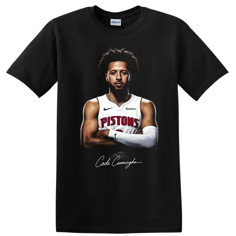Cade Cunningham Detroit Pistons crossed-arm basketball portrait with signature on a Black T Shirt