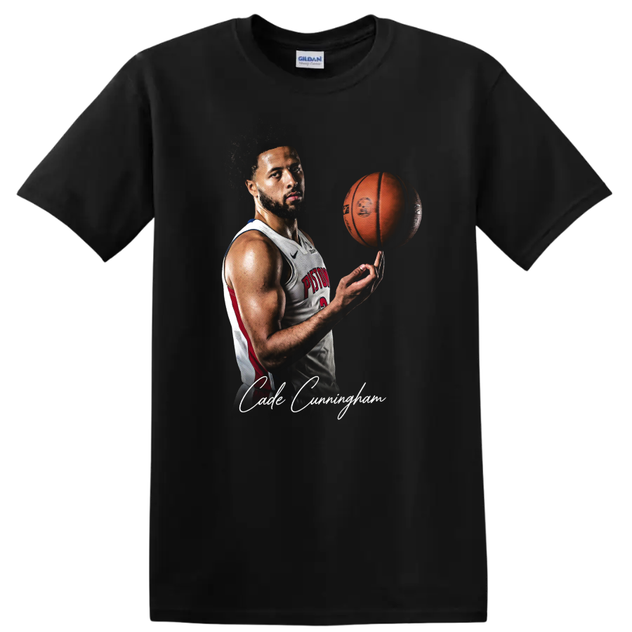 Cade Cunningham Detroit Pistons portrait with spinning basketball and signature script on a Black T Shirt