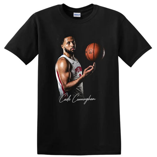 Cade Cunningham Detroit Pistons portrait with spinning basketball and signature script on a Black T Shirt