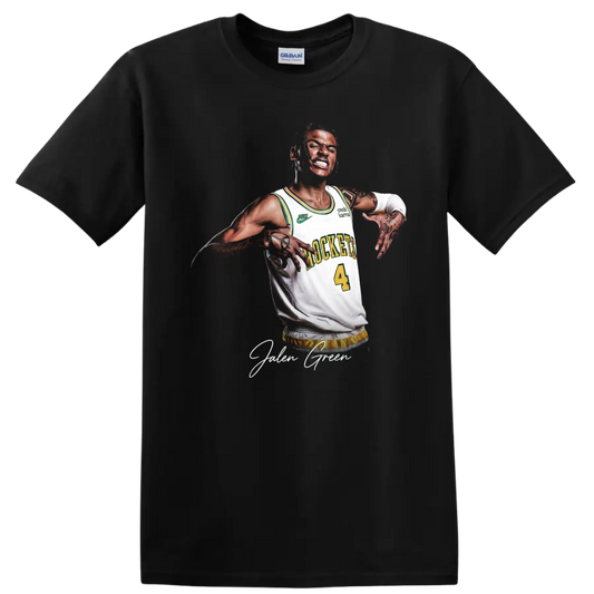 Jalen Green basketball portrait in a number 4 jersey with signature-style name text on a Black T Shirt