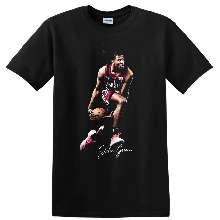 Jalen Green Houston Rockets dribbling basketball action graphic with signature text on a Black T Shirt