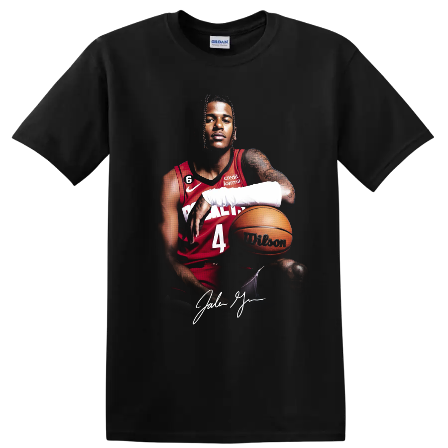 Jalen Green Houston Rockets basketball portrait with red number 4 jersey and ball on a Black T Shirt