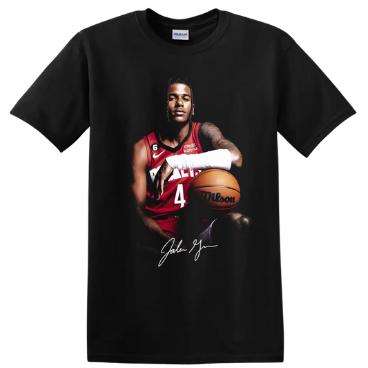 Jalen Green Houston Rockets basketball portrait with red number 4 jersey and ball on a Black T Shirt