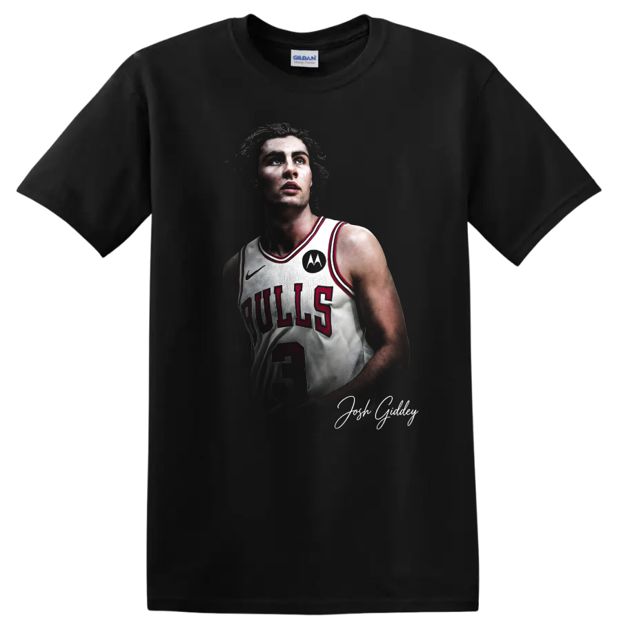 Josh Giddey Chicago Bulls number 3 basketball portrait with signature-style script on a Black T Shirt