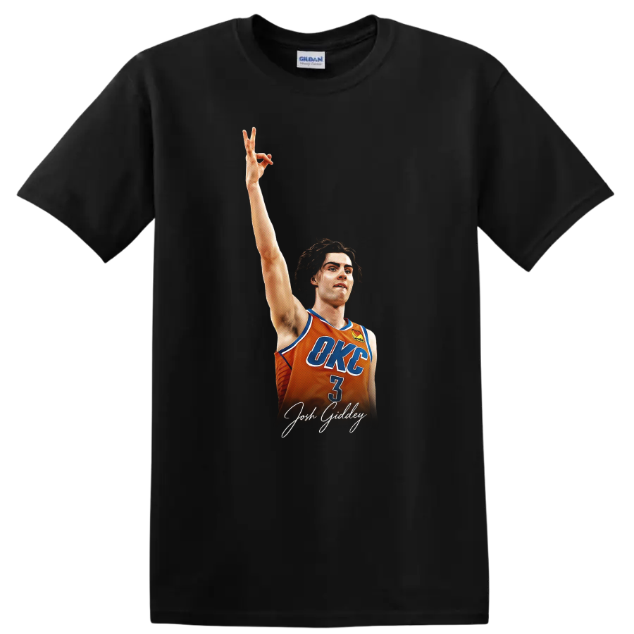 Josh Giddey in orange OKC number 3 jersey with raised arm and signature-style text on a Black T Shirt