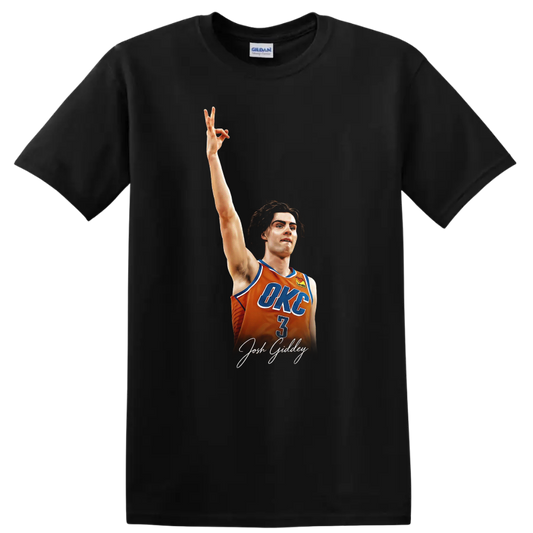Josh Giddey in orange OKC number 3 jersey with raised arm and signature-style text on a Black T Shirt