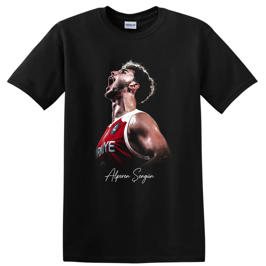 Alperen Şengün shouting in a red Turkey basketball jersey with signature script on a Black T Shirt