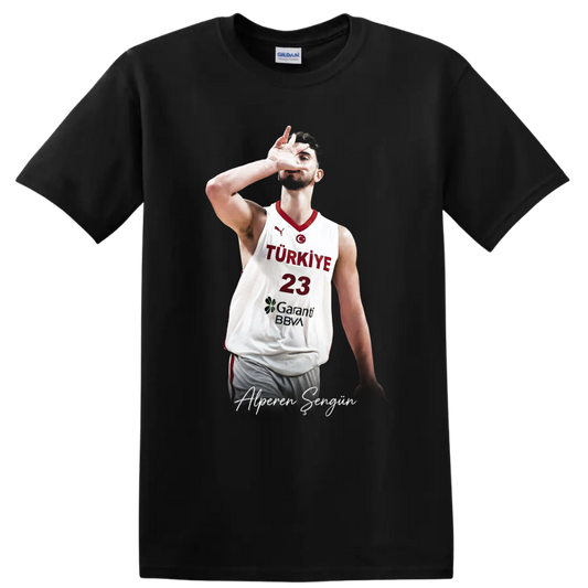 Alperen Şengün Turkey basketball action portrait with number 23 and signature text on a Black T Shirt