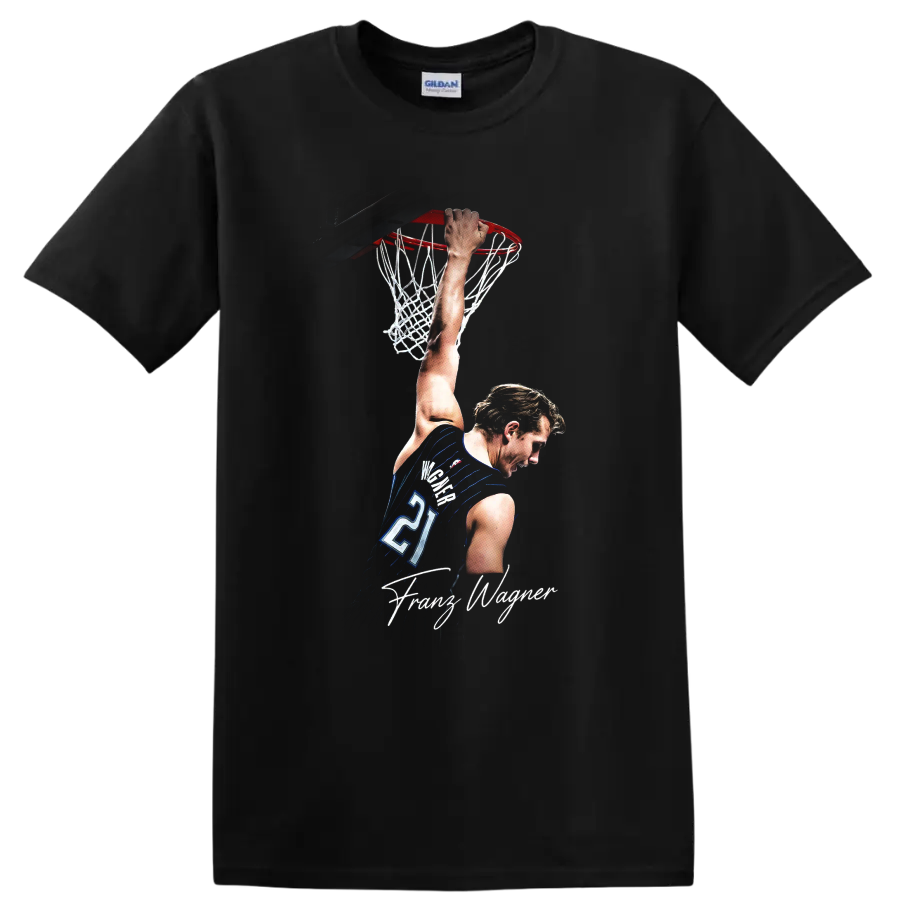 Franz Wagner Orlando Magic dunk graphic with hoop, net, jersey number 21, and signature on a Black T Shirt