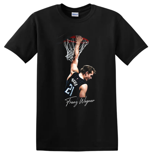 Franz Wagner Orlando Magic dunk graphic with hoop, net, jersey number 21, and signature on a Black T Shirt