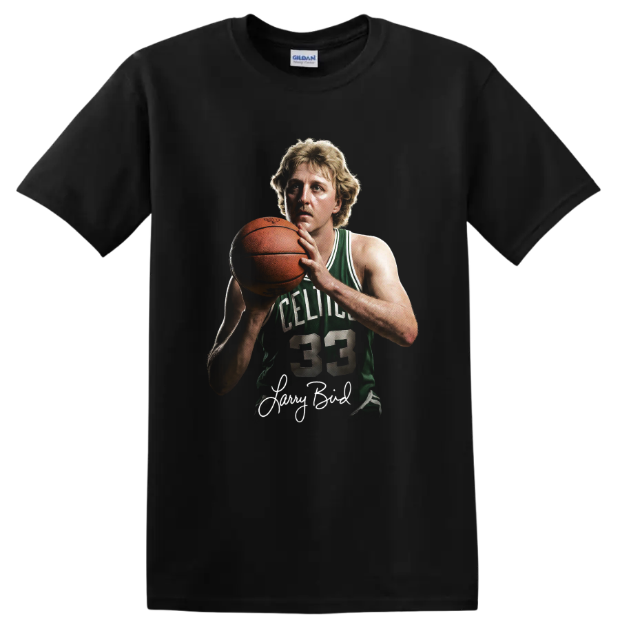 Larry Bird Boston Celtics number 33 basketball portrait with signature on a Black T Shirt
