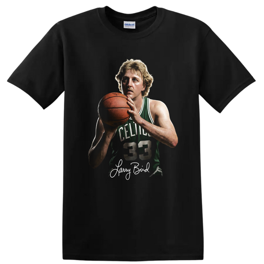 Larry Bird Boston Celtics number 33 basketball portrait with signature on a Black T Shirt