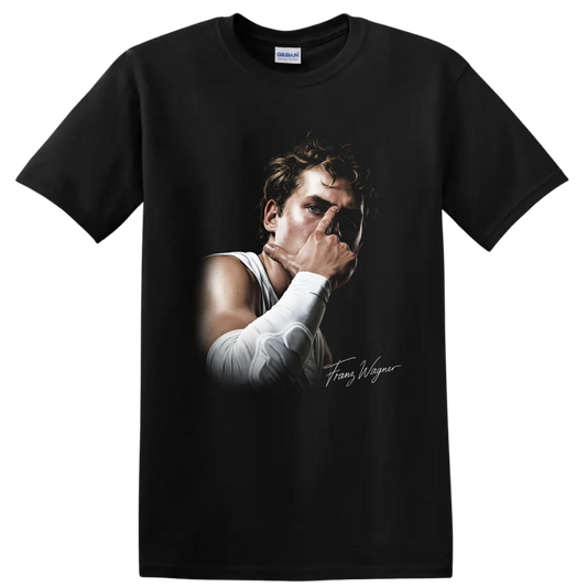 Realistic Reggie Miller Indiana Pacers basketball portrait with white jersey and wrist on a Black T Shirt