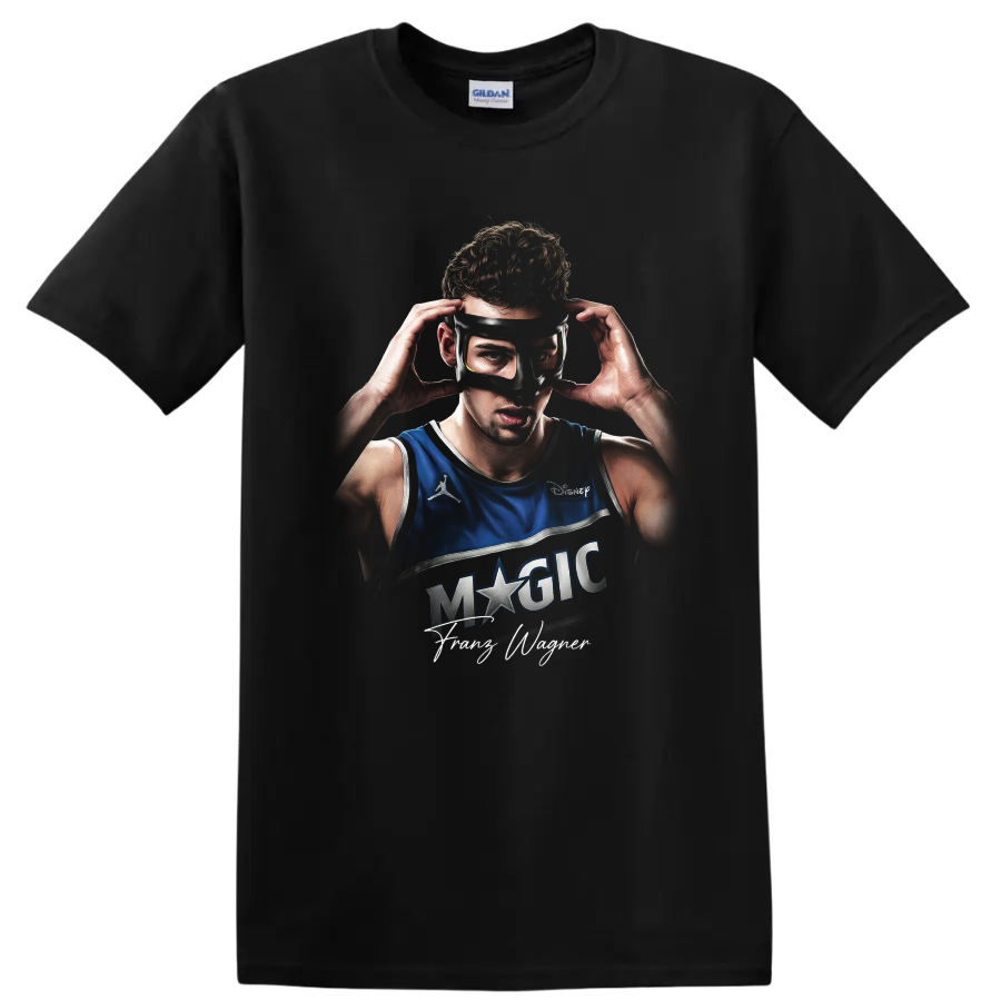 Franz Wagner Orlando Magic masked basketball portrait with signature on a Black T Shirt