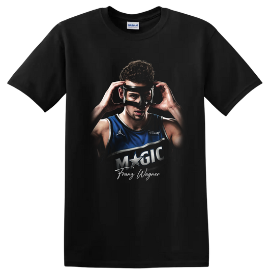 Franz Wagner Orlando Magic masked basketball portrait with signature on a Black T Shirt