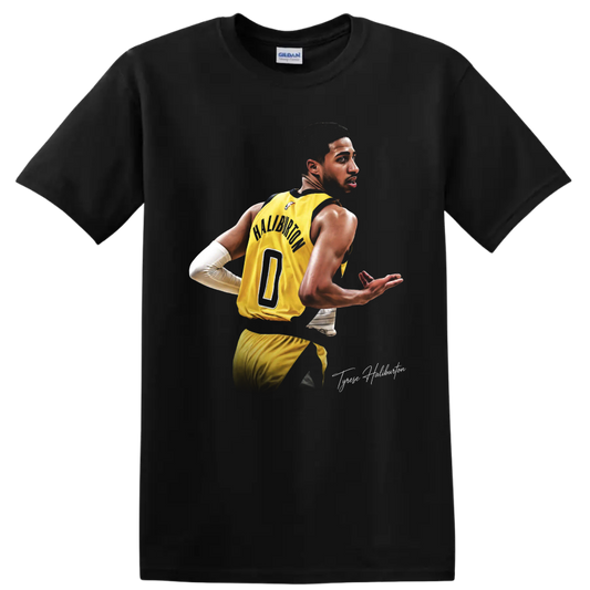 Tyrese Haliburton in yellow Indiana Pacers number 0 uniform, dynamic basketball portrait on a Black T Shirt