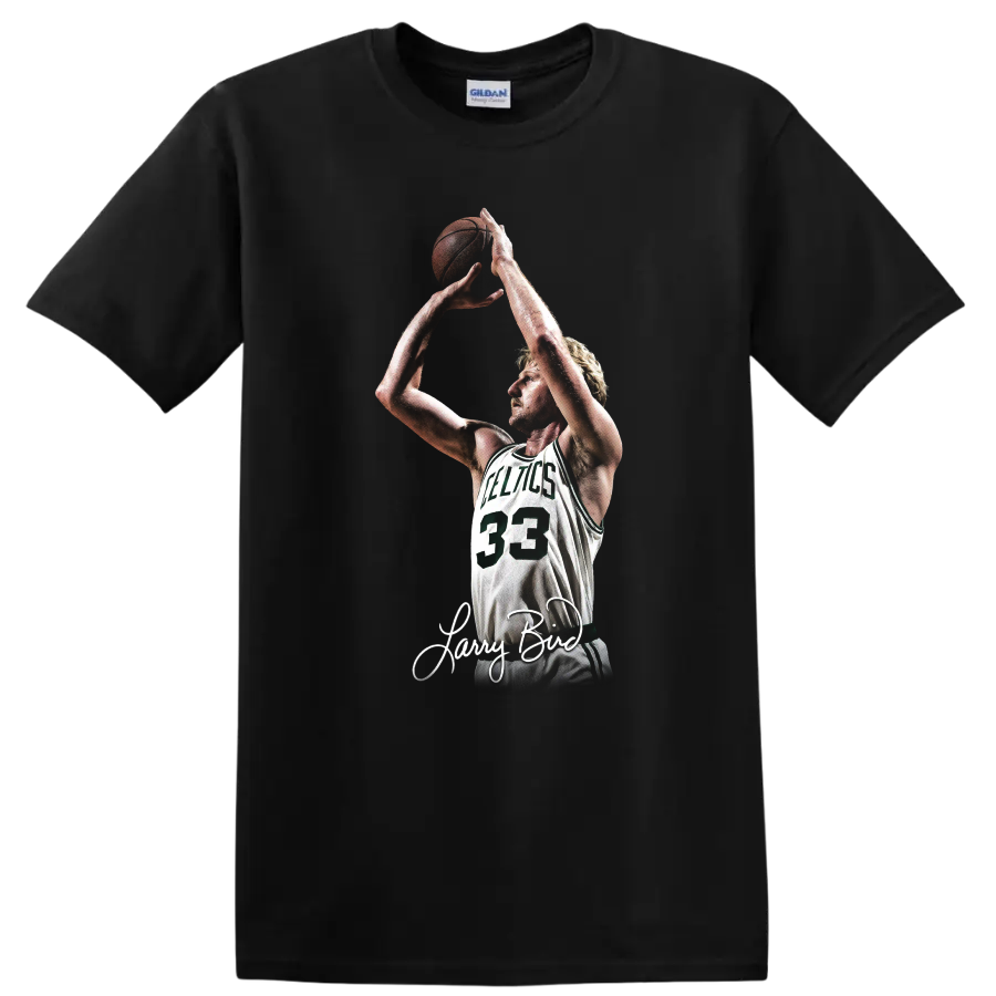 Larry Bird Celtics number 33 shooting pose graphic with signature-style script on a Black T Shirt