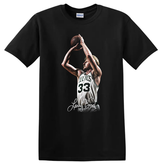Larry Bird Celtics number 33 shooting pose graphic with signature-style script on a Black T Shirt