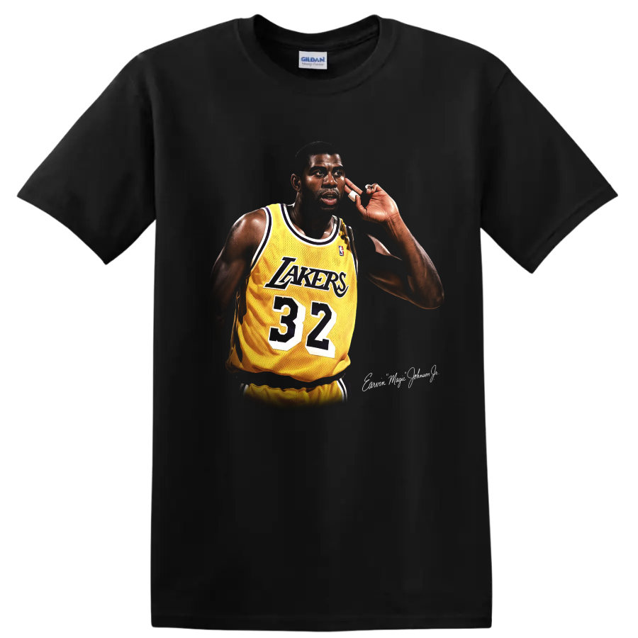 Magic Johnson in a Lakers number 32 jersey, detailed retro basketball portrait on a Black T Shirt