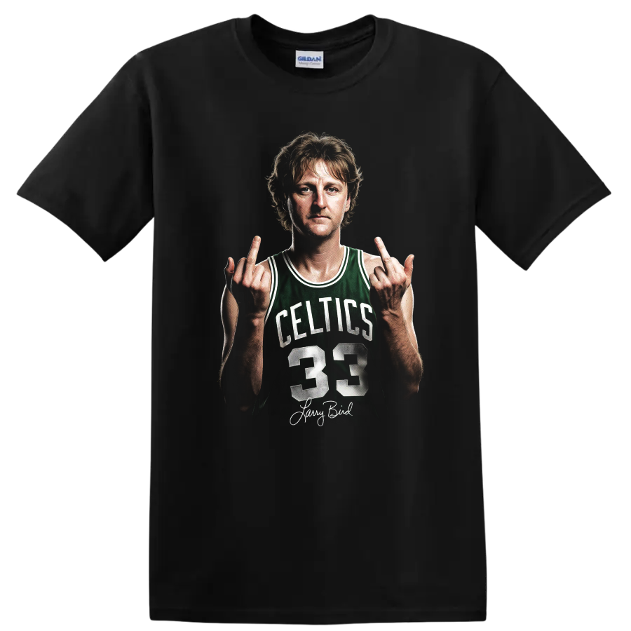 Larry Bird Boston Celtics number 33 portrait graphic with signature-style text on a Black T Shirt