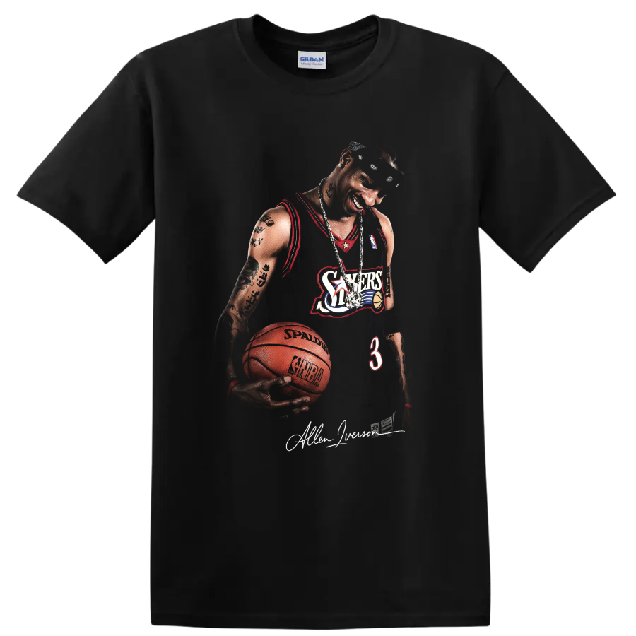 Allen Iverson Philadelphia 76ers number 3 basketball portrait with signature on a Black T Shirt
