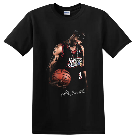 Allen Iverson Philadelphia 76ers number 3 basketball portrait with signature on a Black T Shirt