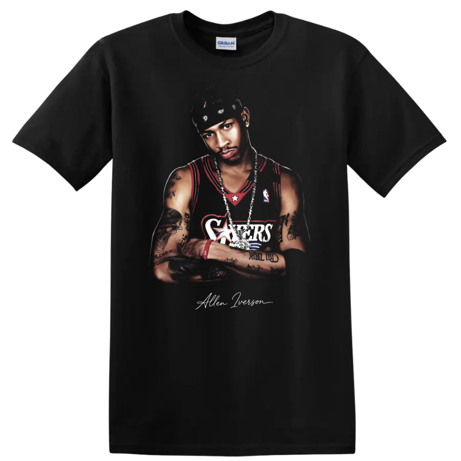 Allen Iverson Philadelphia 76ers basketball portrait with headband and jersey on a Black T Shirt