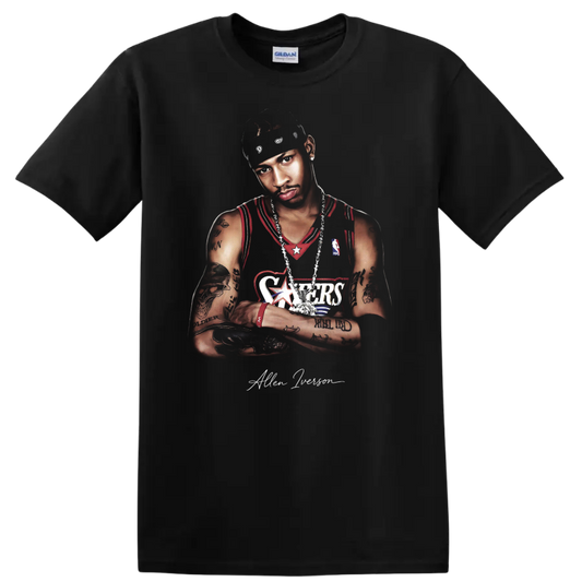 Allen Iverson Philadelphia 76ers basketball portrait with headband and jersey on a Black T Shirt