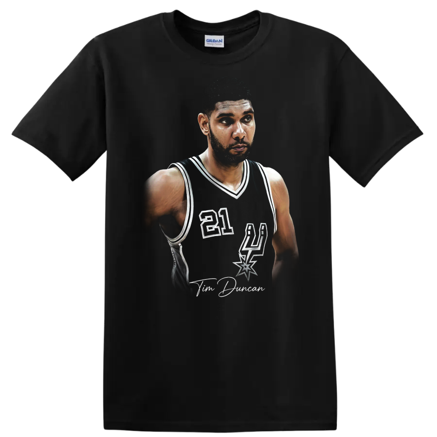Tim Duncan San Antonio Spurs number 21 retro-style basketball portrait on a Black T Shirt