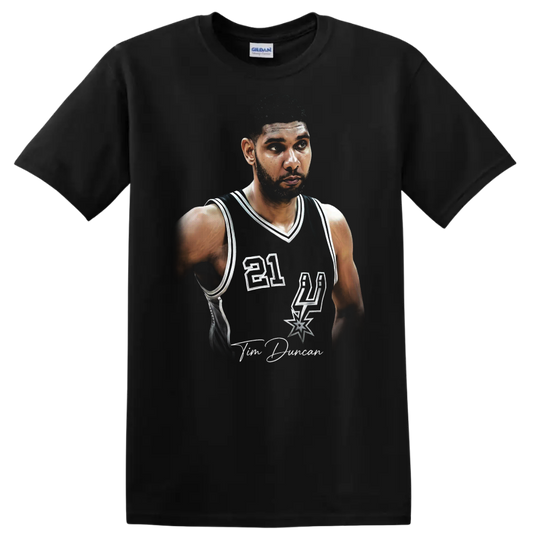 Tim Duncan San Antonio Spurs number 21 retro-style basketball portrait on a Black T Shirt
