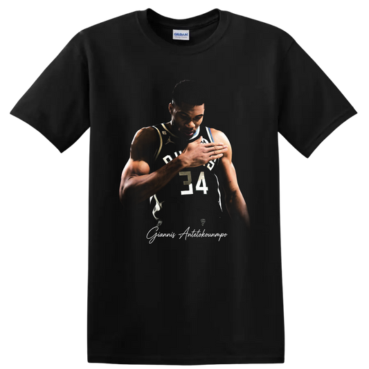 Giannis Antetokounmpo Milwaukee Bucks number 34 basketball portrait with signature on a Black T Shirt