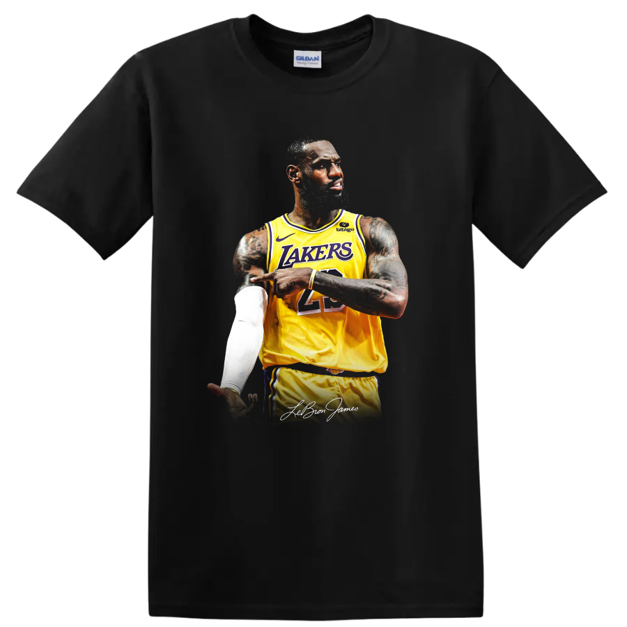 LeBron James in Los Angeles Lakers number 23 jersey portrait with signature on a Black T Shirt