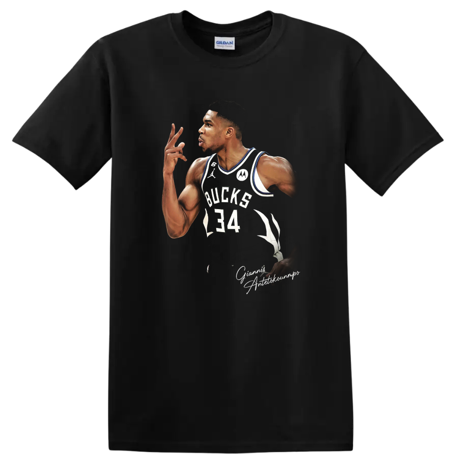 Giannis Antetokounmpo Milwaukee Bucks number 34 basketball portrait graphic on a Black T Shirt
