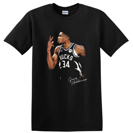 Giannis Antetokounmpo Milwaukee Bucks number 34 basketball portrait graphic on a Black T Shirt