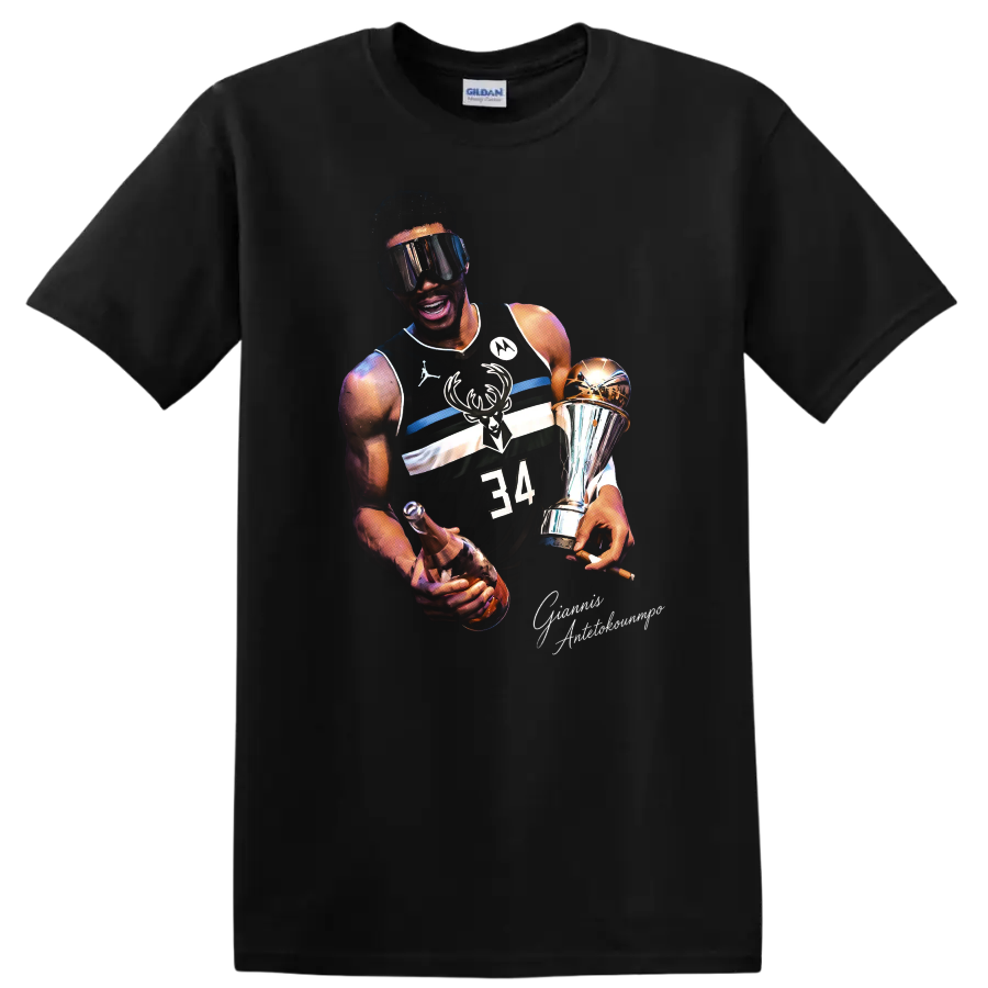Giannis Antetokounmpo Bucks championship trophy portrait with number 34 jersey on a Black T Shirt