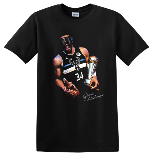 Giannis Antetokounmpo Bucks championship trophy portrait with number 34 jersey on a Black T Shirt