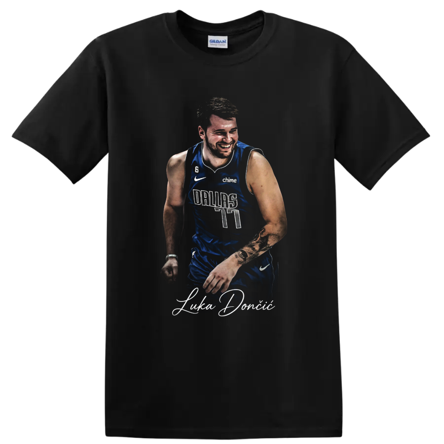 Luka Doncic Dallas Mavericks number 77 portrait with signature-style lettering on a Black T Shirt