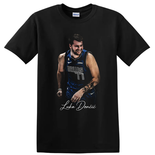 Luka Doncic Dallas Mavericks number 77 portrait with signature-style lettering on a Black T Shirt