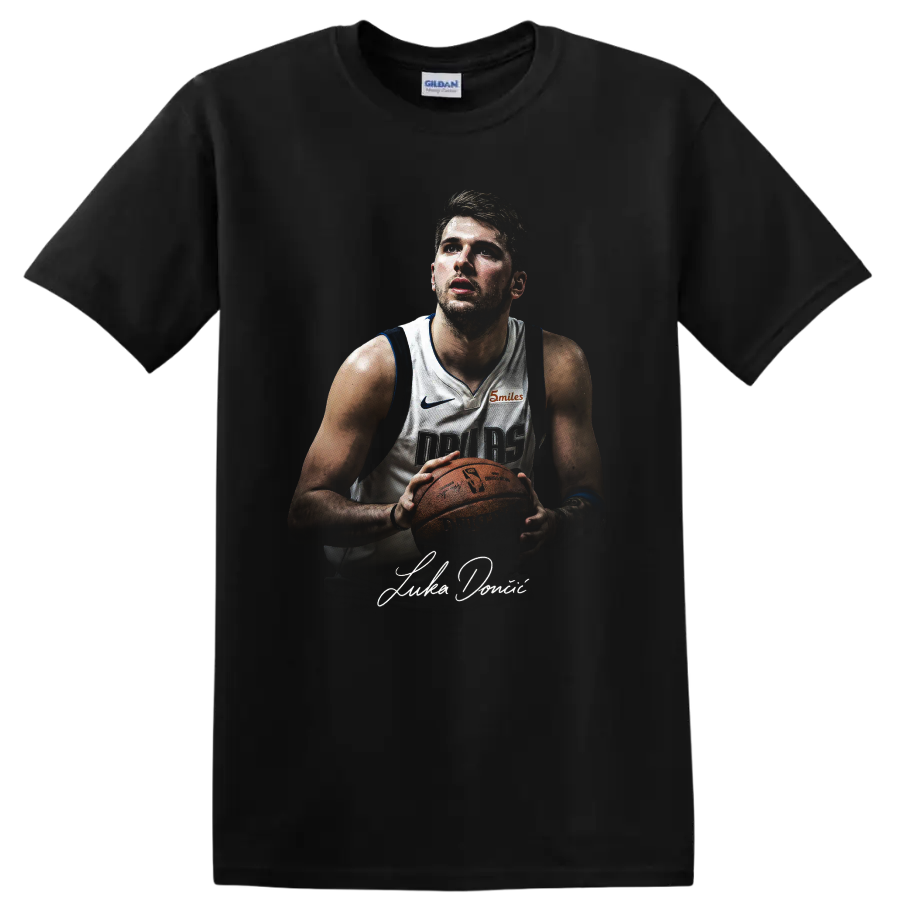 Kyrie Irving Dallas Mavericks basketball player portrait holding a ball on a Black T Shirt