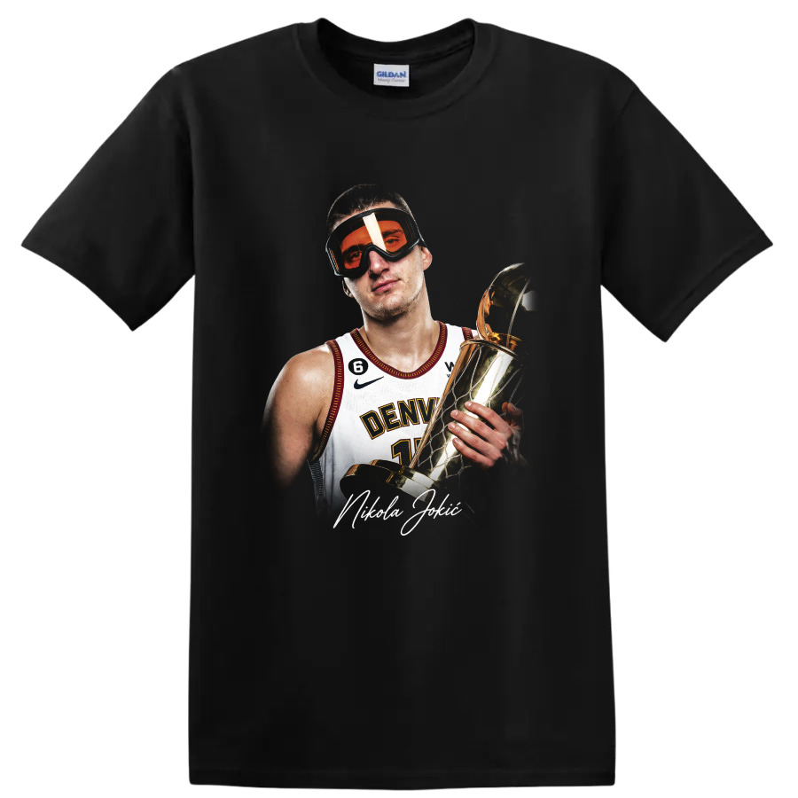 Nikola Jokić holding a gold trophy in orange goggles and Denver jersey portrait on a Black T Shirt