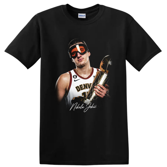 Nikola Jokić holding a gold trophy in orange goggles and Denver jersey portrait on a Black T Shirt