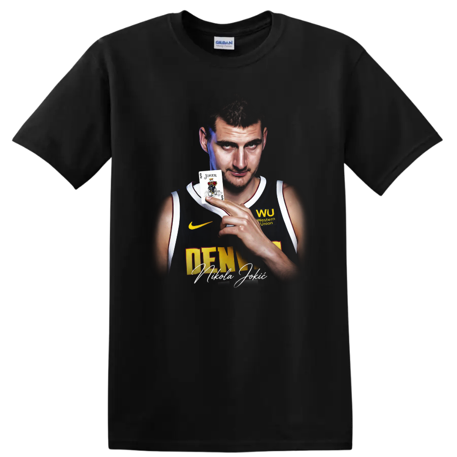 Nikola Jokić Denver Nuggets portrait holding a Joker card with signature-style text on a Black T Shirt