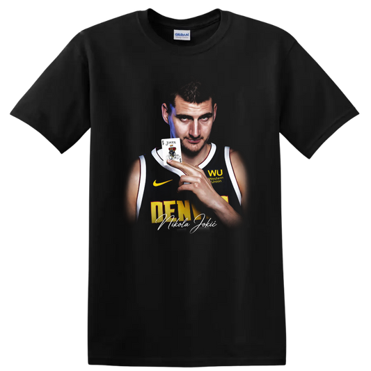 Nikola Jokić Denver Nuggets portrait holding a Joker card with signature-style text on a Black T Shirt