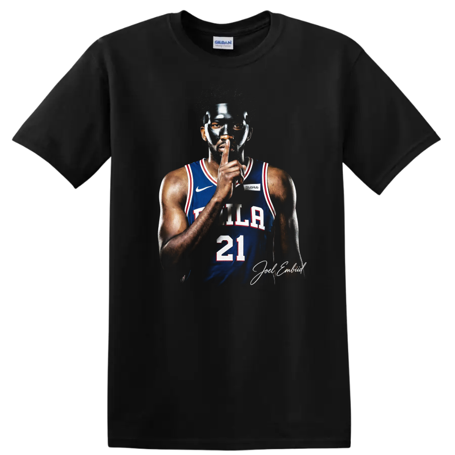 Joel Embiid masked Philadelphia 76ers number 21 basketball portrait with signature on a Black T Shirt