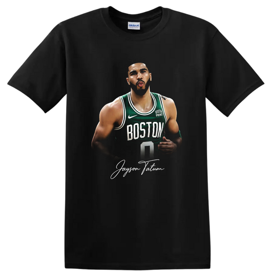 Jayson Tatum Boston Celtics number 0 basketball portrait with signature-style text on a Black T Shirt