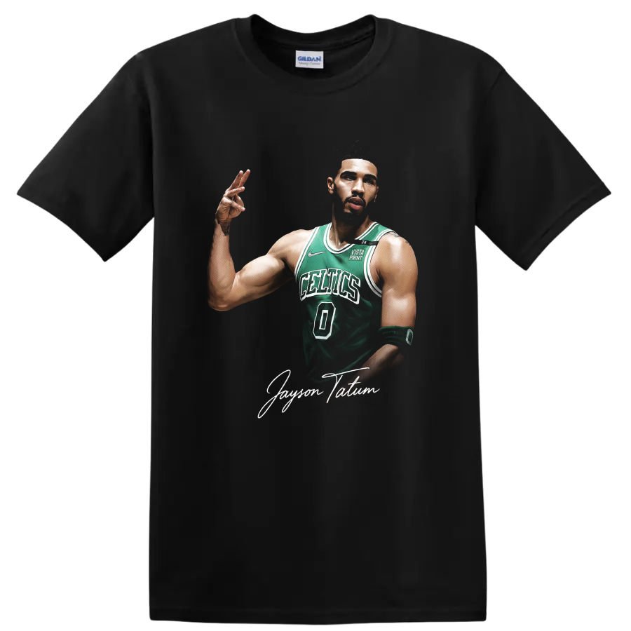 Jayson Tatum Boston Celtics number 0 basketball portrait with signature script on a Black T Shirt