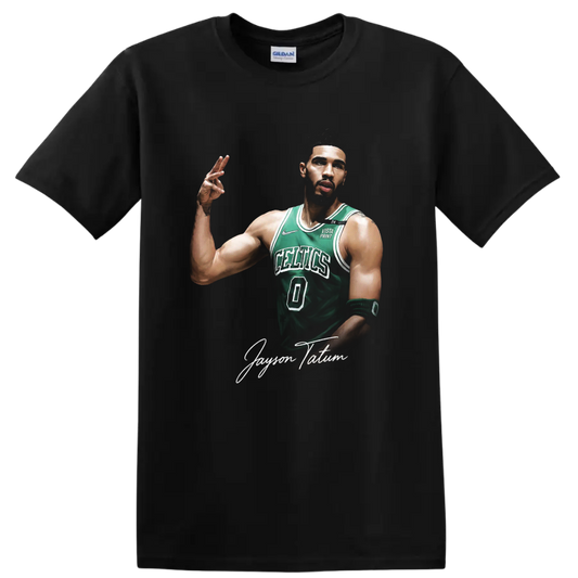 Jayson Tatum Boston Celtics number 0 basketball portrait with signature script on a Black T Shirt