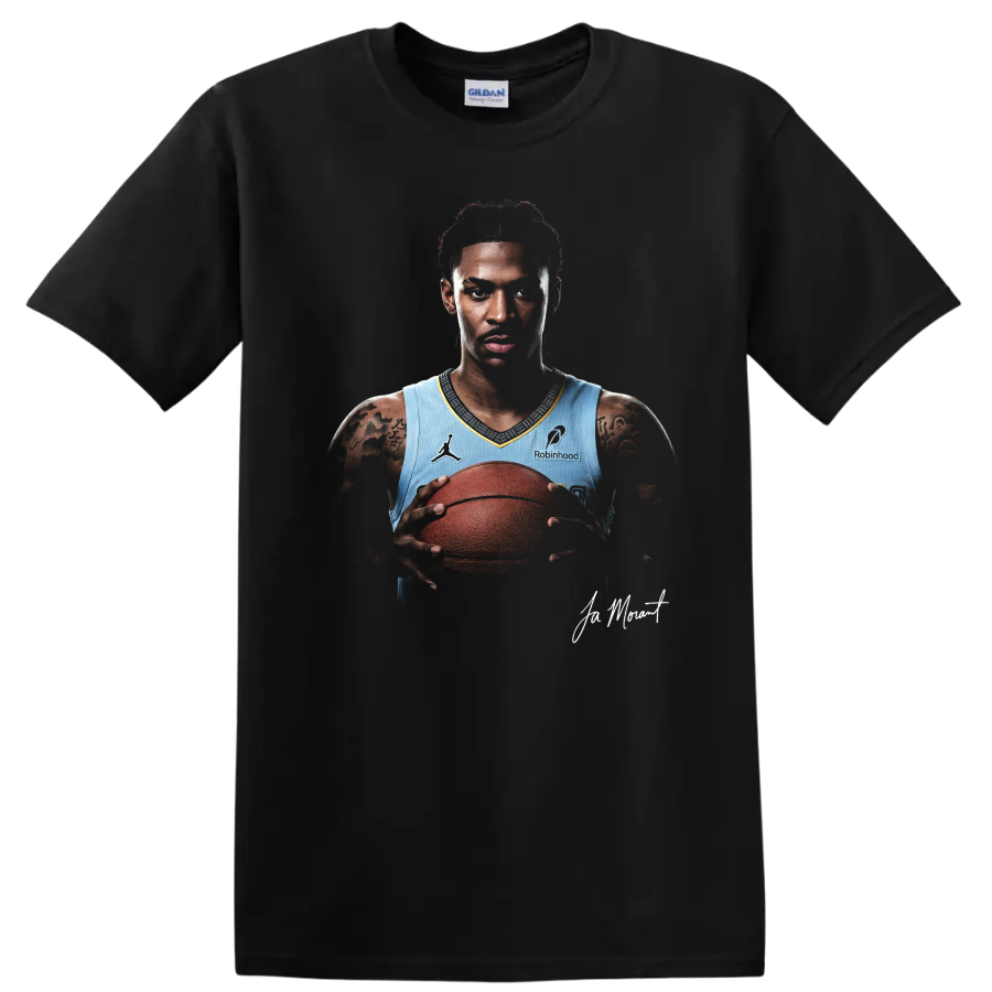 Ja Morant Memphis Grizzlies basketball portrait holding a ball with signature detail on a Black T Shirt