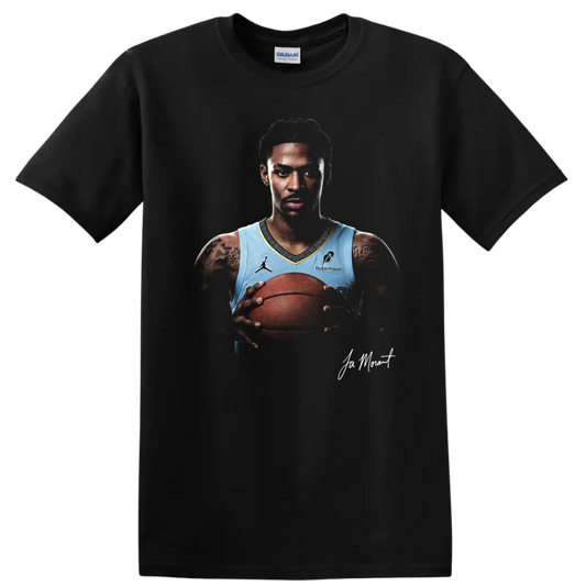 Ja Morant Memphis Grizzlies basketball portrait holding a ball with signature detail on a Black T Shirt
