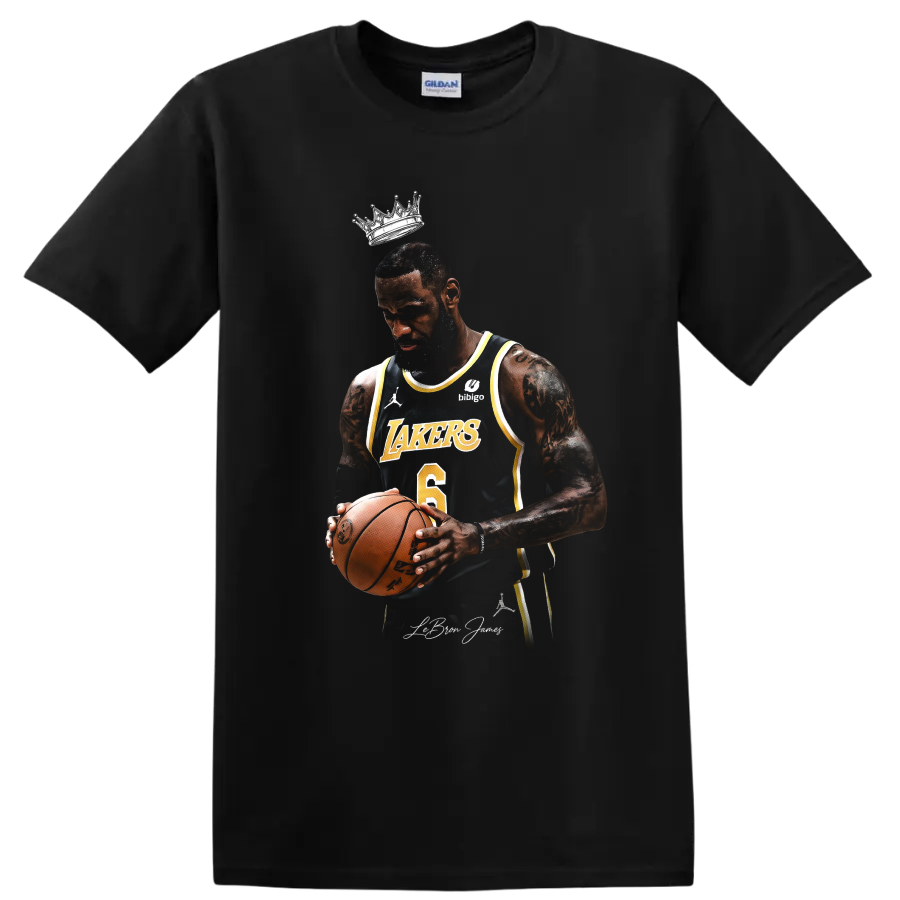 LeBron James Lakers-style basketball portrait with crown and number 6 jersey on a Black T Shirt